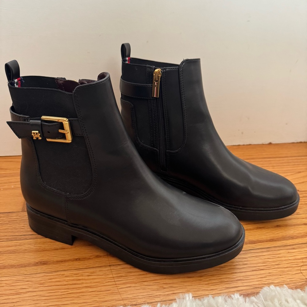 Tommy Hilfiger Black Ankle Boots with Gold Buckle